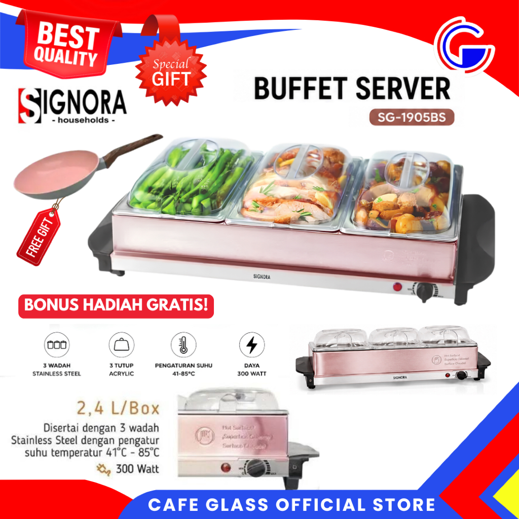[Gift] Signora Buffet Server 3 Wadah Saji Stainless - Elektrik Hot Plate - Penghangat Makanan Prasmanan