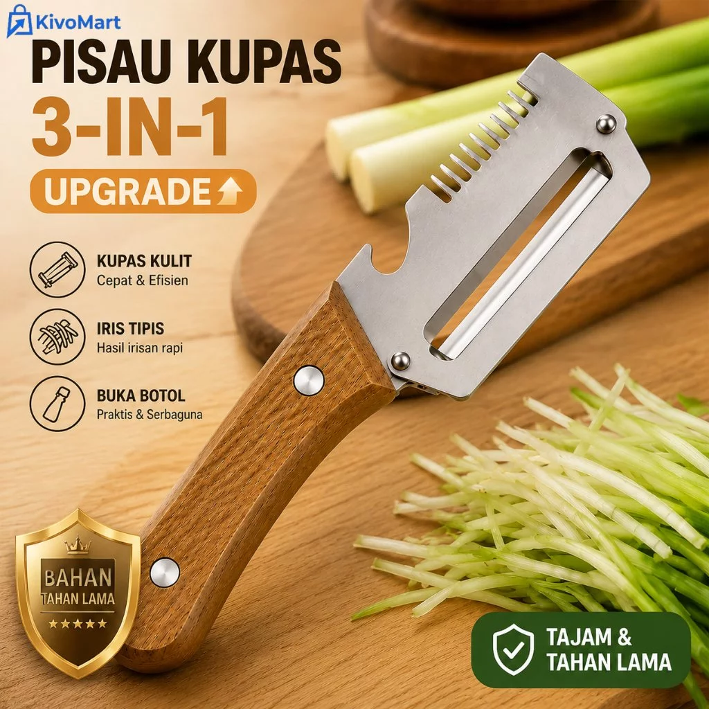 Kivo Pengupas Kulit Peeler Sayur Buah 3-in-1 Multifungsi Stainless Steel Gagang Kayu Pembuka Botol Alat Dapur