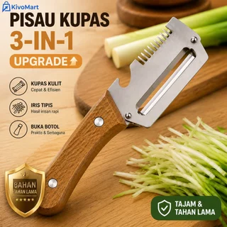 Kivo Pengupas Kulit Peeler Sayur Buah 3-in-1 Multifungsi Stainless Steel Gagang Kayu Pembuka Botol Alat Dapur