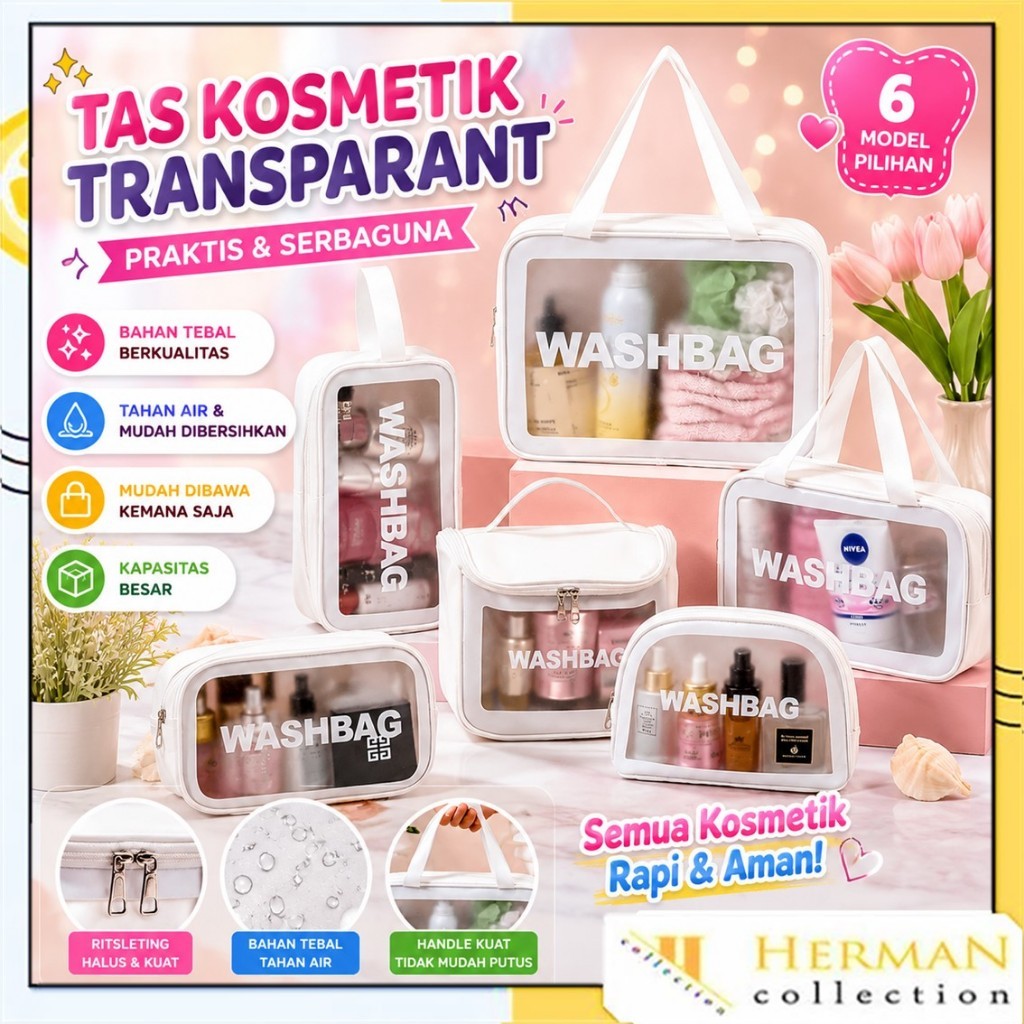 HC Tas Kosmetik Transparant WASHBAG Pouch Travel Make Up Bag Organizer Dompet Kosmetik Toiletry Waterproof Pouch Kosmetik Transparant Travel