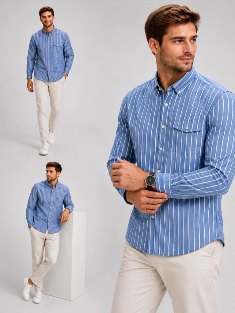 Kemeja Lengan Panjang Pria Motif Garis LLB Signature Slim-Fit Long-Sleeve Shirt - 3254
