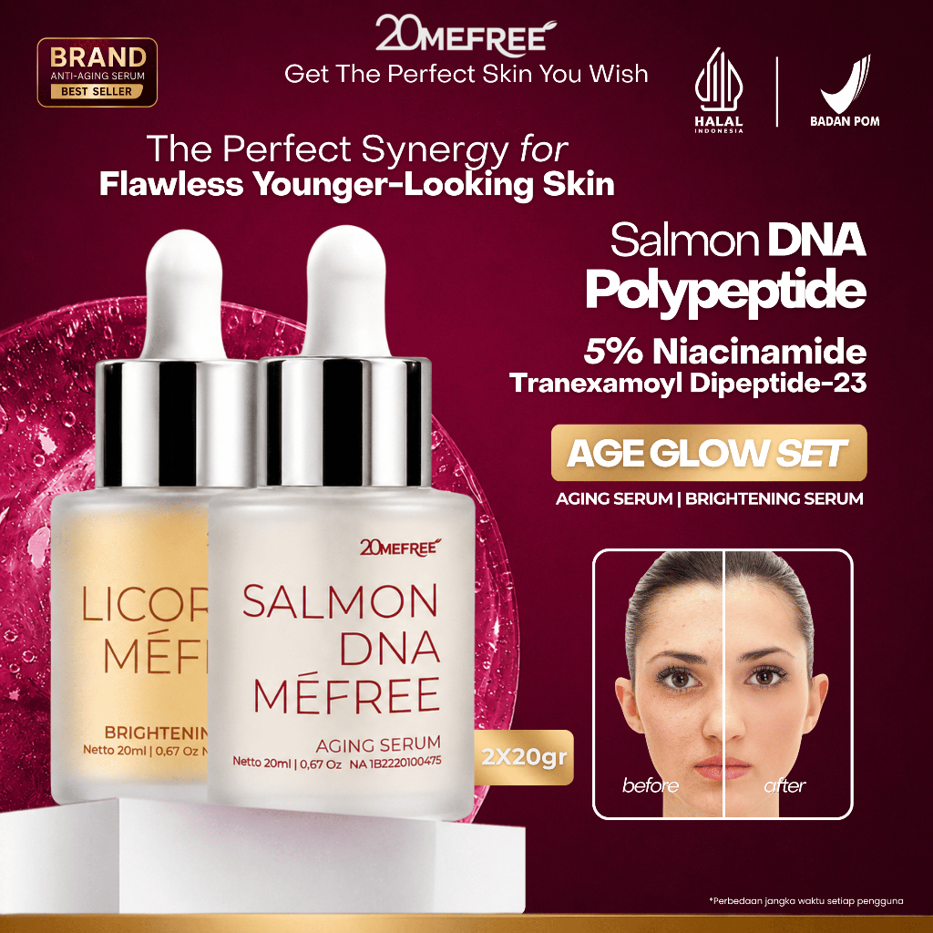 Age Glow Set | 20Mefree Serum Anti Aging DNA Salmon + Brightening Serum Cegah Flek Hitam Kerutan