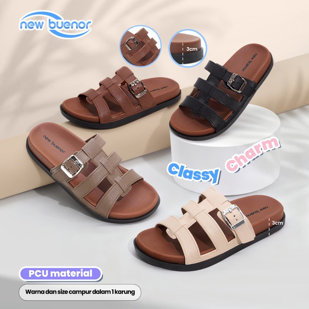 NEW BUENOR - Sandal Wanita Kekinian Selop Buckle 3CM Sandal Casual Fashion Wanita Nyaman New Buenor Korean Style Bahan Karet Jelly Anti Slip