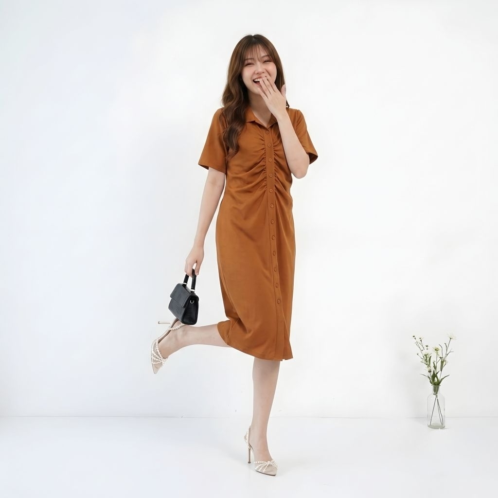 dress wanita formal Jual Fashion Modern Baju Elegan Kekinian | Midi Dress Wanita Lengan Pendek Vely Gm green and white