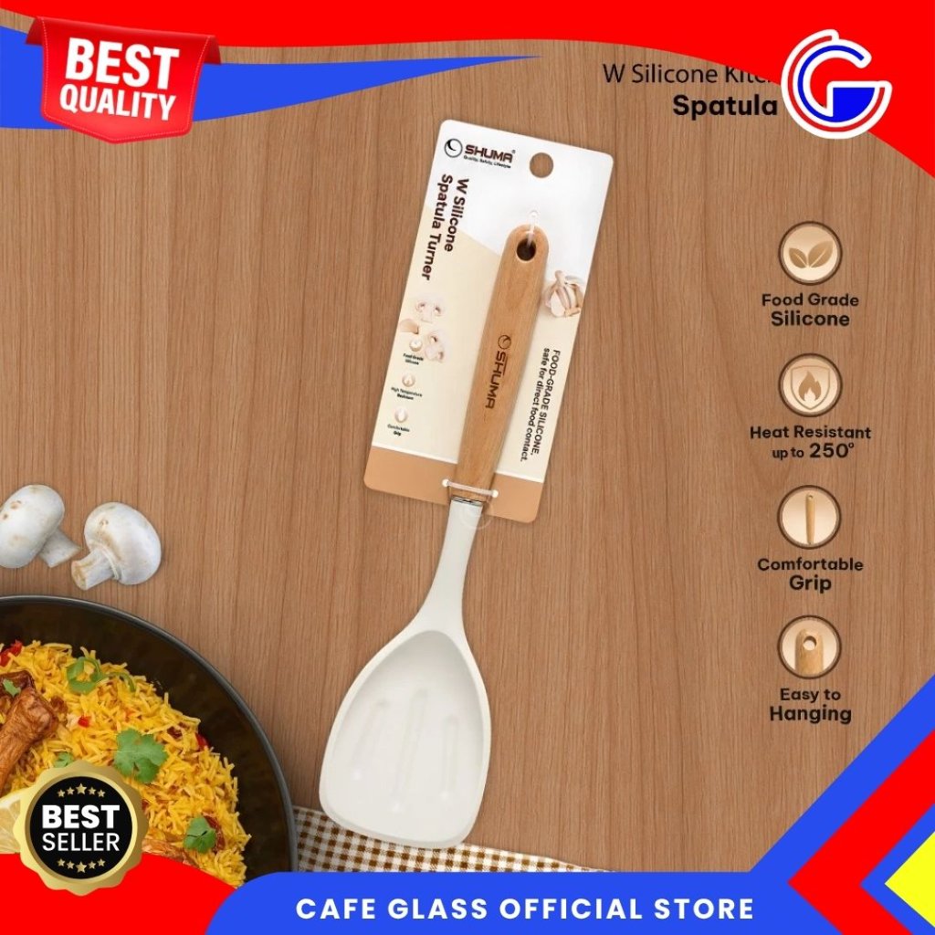 Shuma W Silicone Spatula Turner Makanan dengan Handle Kayu Tahan Panas hingga 250°C