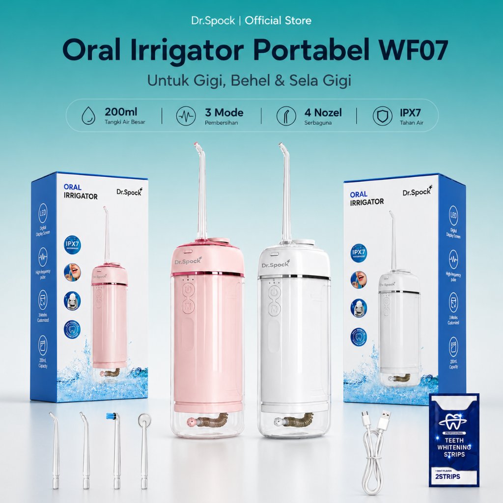 Dr.Spock WF07 Water Flosser Portable Alat Pembersih Gigi Oral Irrigator Pembersih Sela Gigi & Behel 200ML 3 Mode 4 Nozzle IPX7