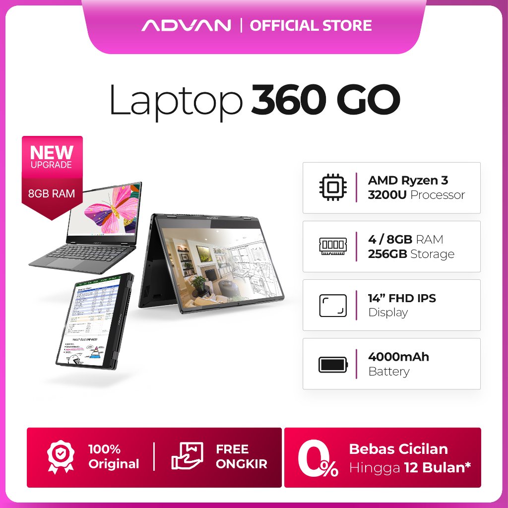 [PROMO KILAT] ADVAN Laptop 2 In 1 360 GO | Touchscreen | 14 Inch IPS FHD | 4GB/256GB | Windows 11 | Garansi Resmi 1 Tahun