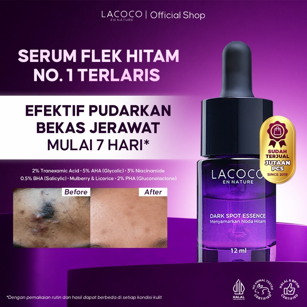 Lacoco Dark Spot Essence (12 ml) - Serum Pudarkan Flek Hitam Dark Spot, Noda Bekas Jerawat PIE PIH & Mencerahkan Kulit Kusam - Untuk Kulit Berjerawat Hiperpigmentasi Bertekstur Sensitif Komedo - Serum Eksfoliasi Exfoliasi AHA BHA PHA Tranexamic Acid