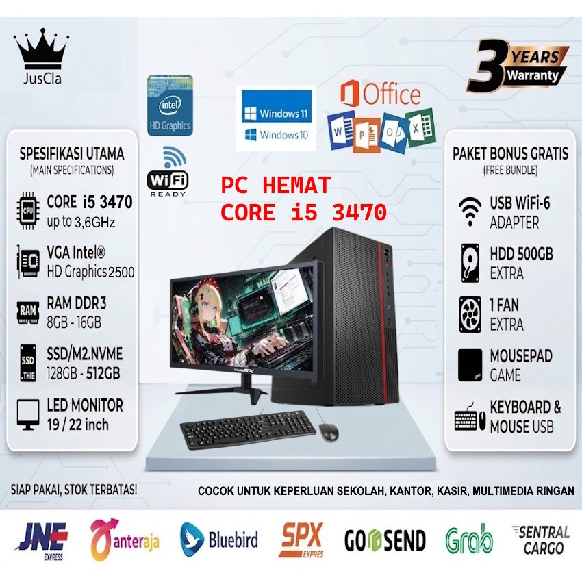 Jual FULLSET PC Komputer INTEL CORE i5-3470 3,6GHz|RAM 16GB|SSD