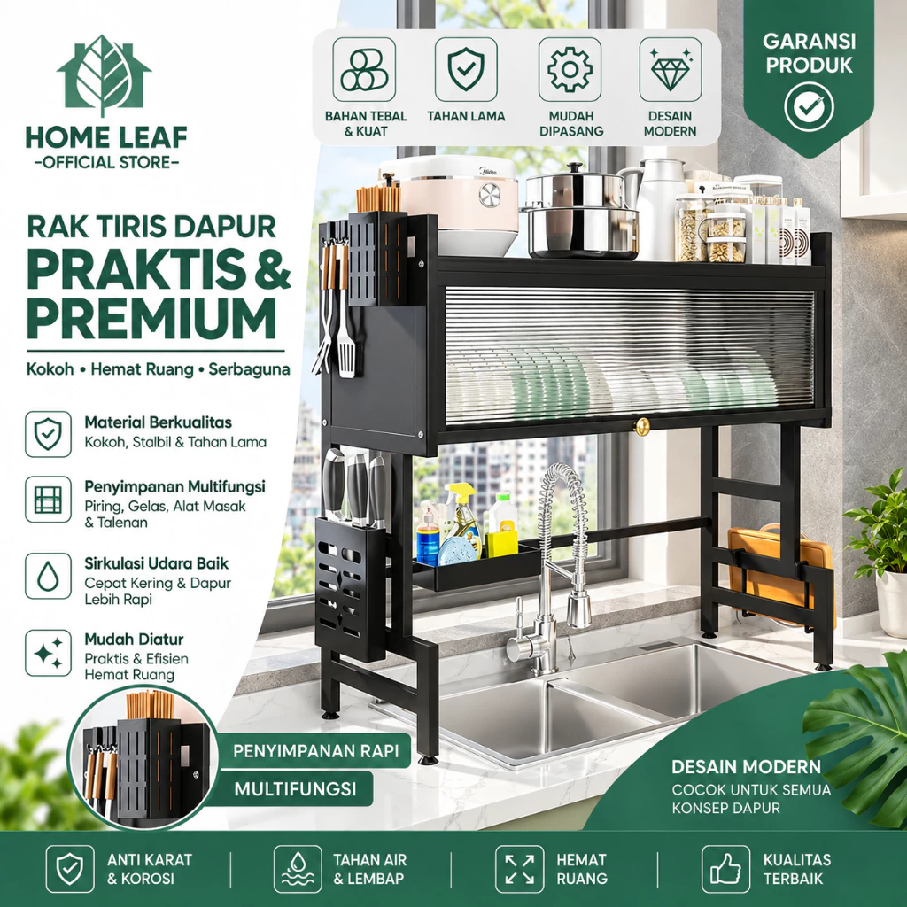 HOME LEAF - rak susun serbaguna/rak piring tertutup/lemari dapur/tempat sendok/rak piring wastafel stainless
