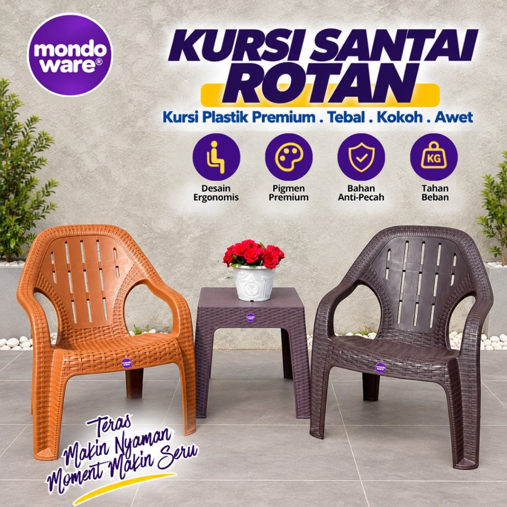 MONDOWARE | Paket Kursi Santai Bali Meja Rotan (K232 & T4242) - Kursi Teras Santai Rotan Kursi Sender Outdoor Indoor Meja Rotan Minimalist