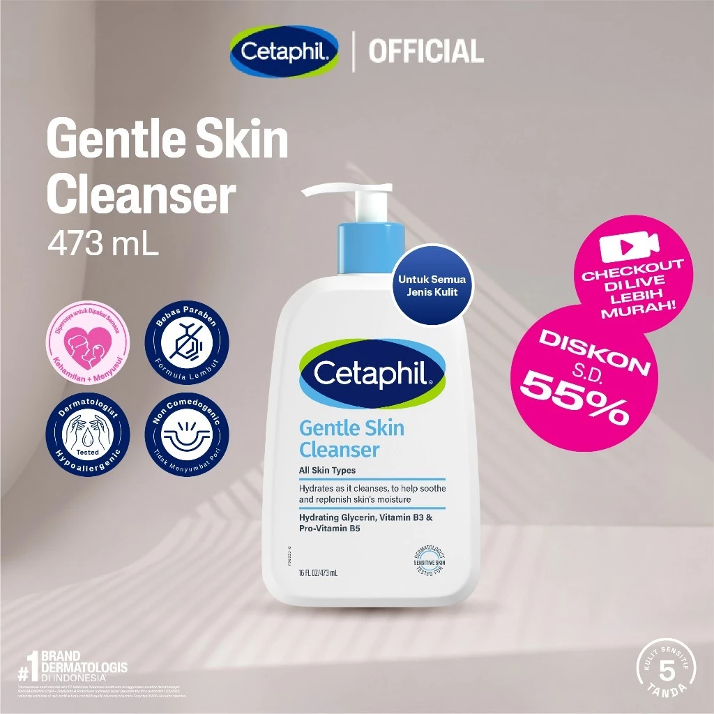 Cetaphil Gentle Skin Cleanser 473ml dengan Niacinamide, Glycerin dan Panthenol Sabun Pembersih Muka Untuk Segala Jenis Kulit