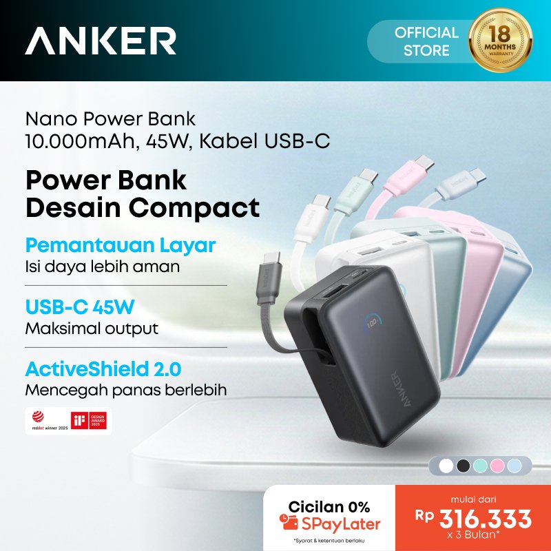 Jual Anker Nano Power Bank 10,000 mAh 45W Built-in Retractable Type C ...