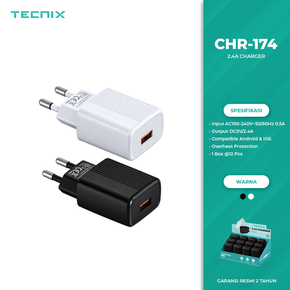Jual Adaptor Charger TECNIX CHR-174 2.4A untuk Android & iOS Proteksi ...