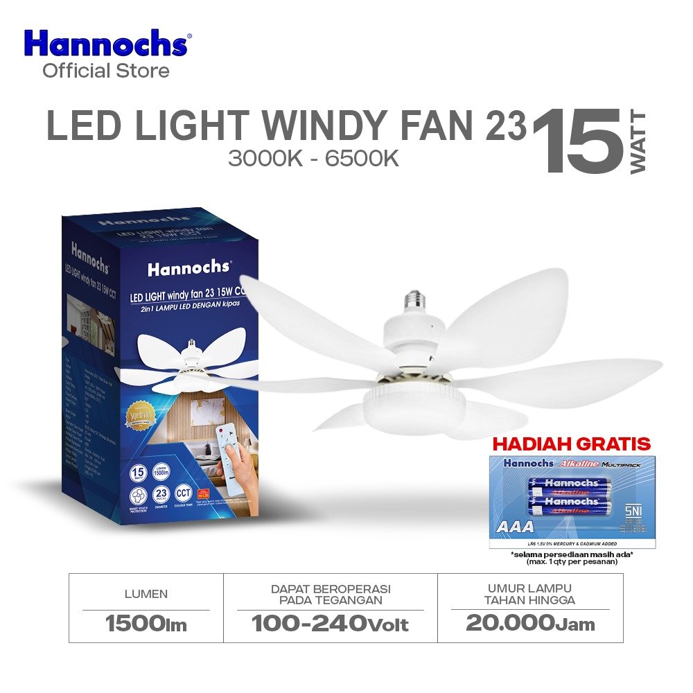 Hannochs Lampu Kipas Angin Plafon LED 2in1 Windy Fan light 15W CCT E27 23Inch - Multifungsi Dengan Peredupan Remote Control