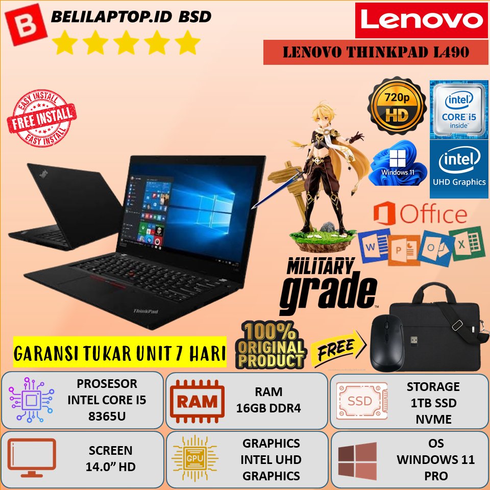 Laptop Lenovo ThinkPad L490 Intel Core i5 8365U Ram 16GB DDR4 SSD 1TB Layar 14.0 HD Windows 11 Pro