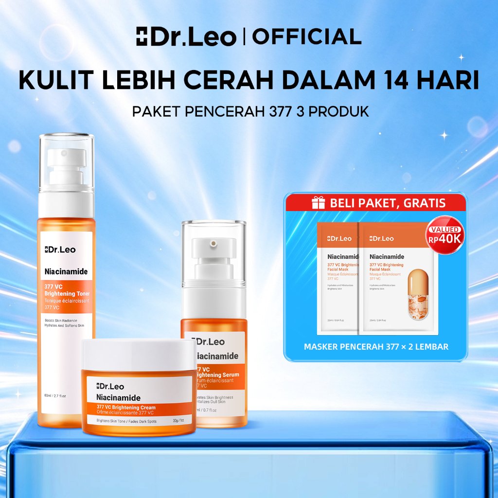 [Paket 3PCS GRATIS 2 Masker] Dr.Leo 3pcs Brightening Skincare Set | Niacinamide 377 VC Moisturizer + Serum + Toner Glowing ANTI-DARK SPOT Menyamarkan Noda hitam bahkan bekas jerawat sekalipun Perawatan