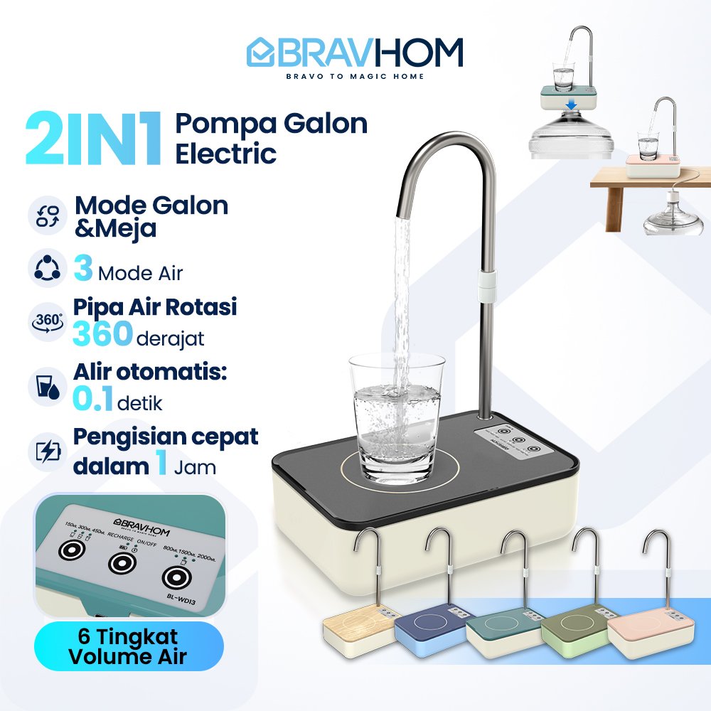 BRAVHOM Pompa Air Galon Elektrik 2in1 Pompa Galon Dispenser Air Rumah dan Luar Ruangan BL-WD13