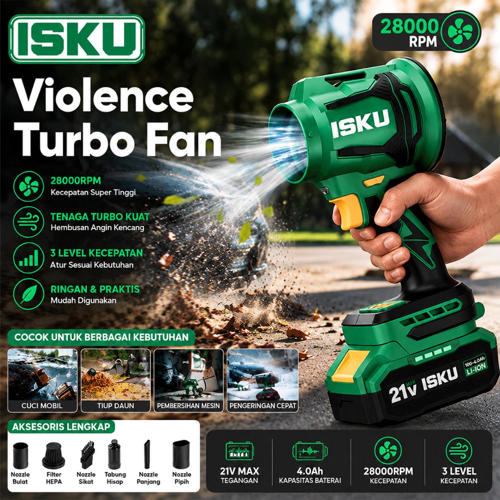 ISKU Turbo Jet Blower Cordless 21V Mesin Angin Portable Tanpa Kabel 28000RPM Tiup Hisap 2 In 1