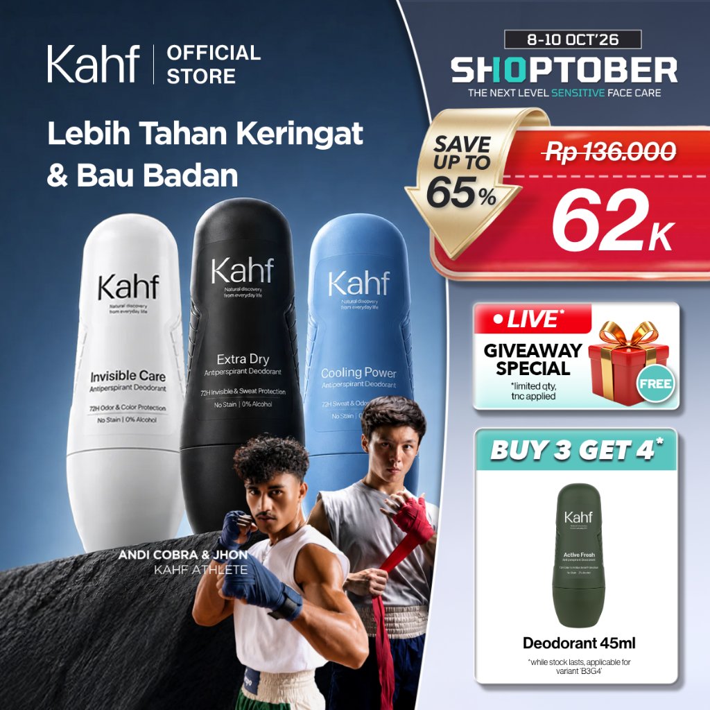 Kahf Antiperspirant Deodorant Roll On 45 ml - Deodoran Deo Pria Freshness All Day, 0% Alcohol, Easy Application, Anti Iritasi, Bebas Bau, Tahan Keringat, Wangi Seharian - Suitable for Daily Use