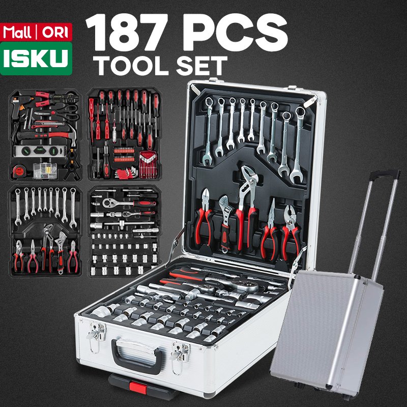 ISKU Tool Kit Set 187 Pcs Lengkap Koper Troli 4 Susun Kunci Sok Ratchet Ring Pas CR-V Tool Box Perkakas Bengkel Motor Mobil Palu Tang Obeng Waterpass Meteran Lem Tembak Alat Montir Rumah Proyek Kunci Inggris Kunci Busi Cutter Gunting Heavy Duty