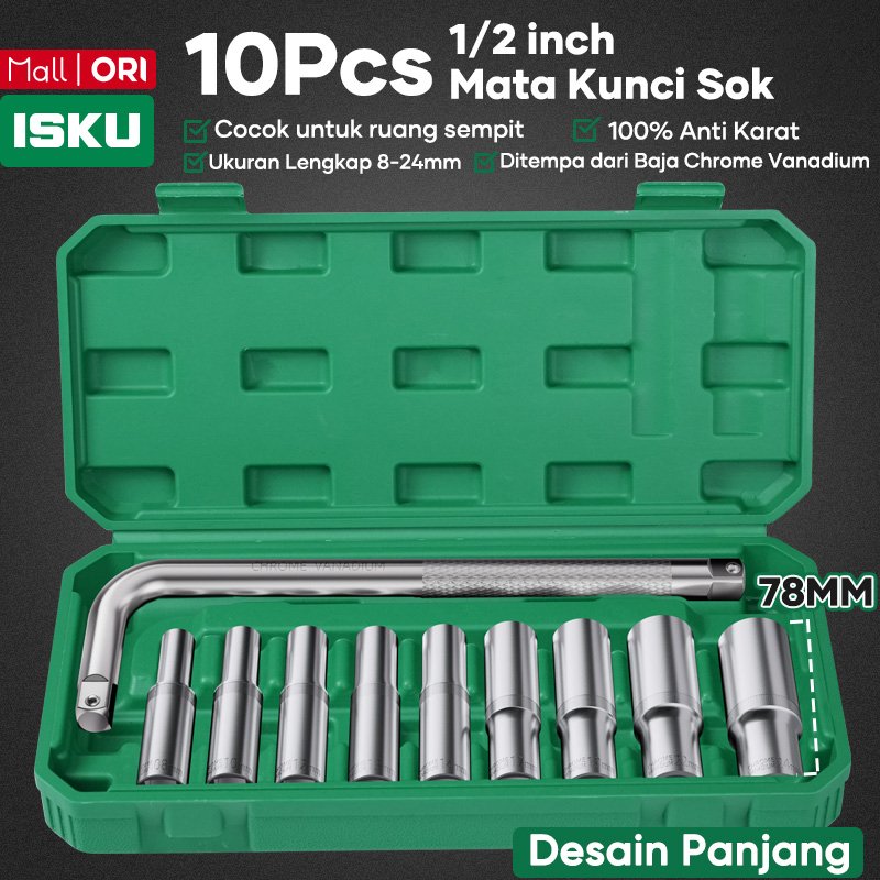 ISKU Paket Kunci Sok Mata Sok Panjang 78mm 1/2 Inch 10 Pcs Baja Karbon Tinggi Gagang Sok L 10 Inch Deep Socket Set Alat Bengkel Motor Mobil Buka Baut Roda Dalam Torsi Badak Heavy Duty Anti Slek Tahan Banting Perbaikan Mesin Otomotif