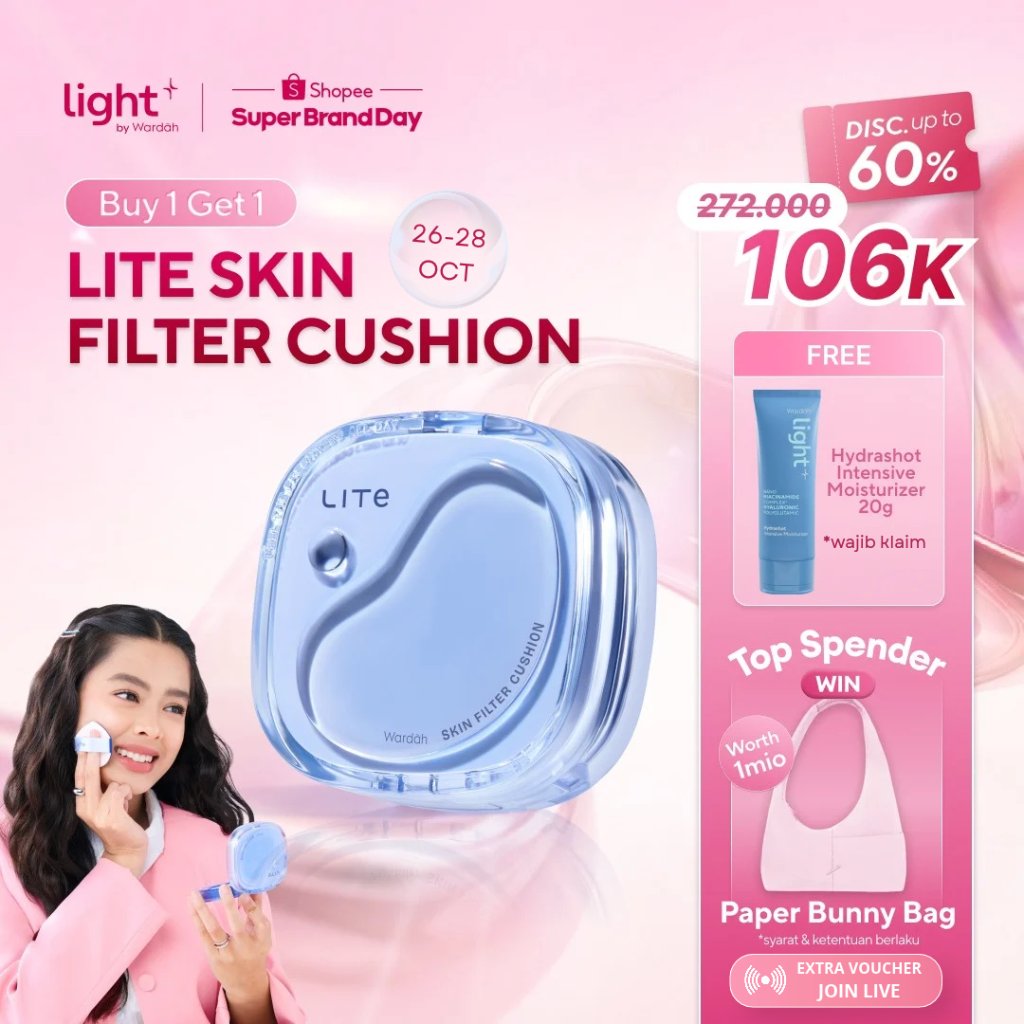 Lightplus by Wardah Cushion Lite Skin Filter Cushion 11 g - Refill Ringan Tahan 8 Jam Flawless Coverage Powder Foundation with SPF BB Cream - Cushion Lokal untuk Oily Skin Tanpa Oksidasi - Lightening | Light+ | Lite - Makeup