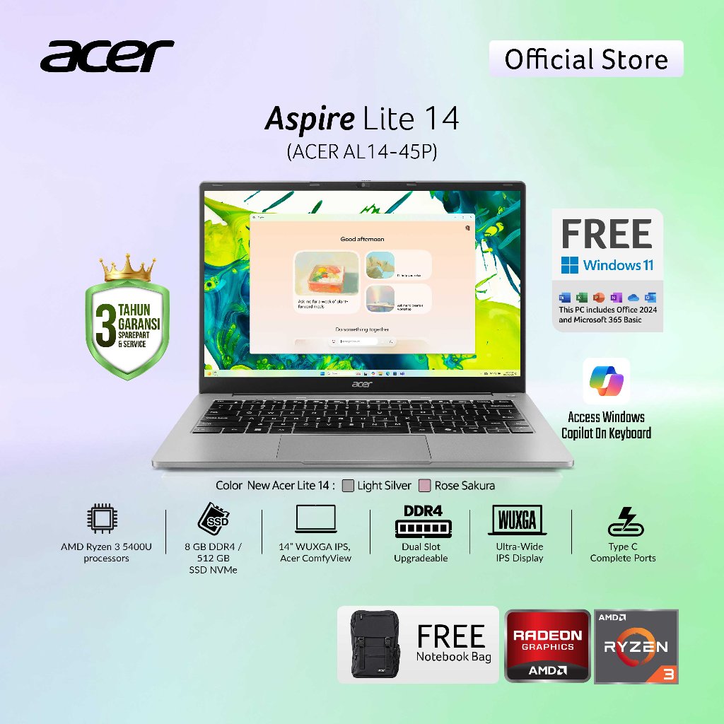 ACER LAPTOP ASPIRE LITE 14 AL14-45P-R1QH/AL14-45P-R8JN 14" WUXGA AMD RYZEN 3 5400U RAM 8GB STORAGE 512GB SSD AMD RADEON GRAPHICS WINDOWS 11