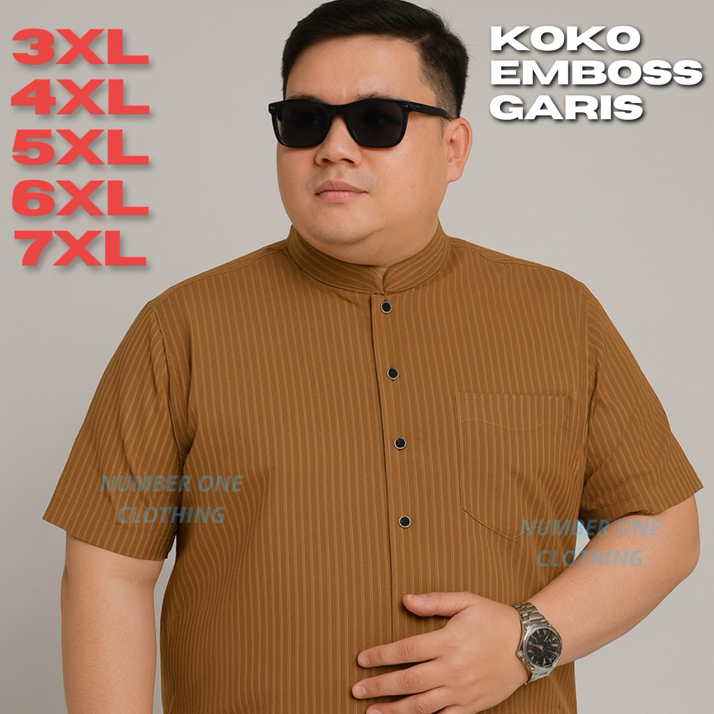 Baju Koko Pria Jumbo Emboss Premium 3XL 4XL 5XL 6XL 7XL Big Size Lengan Pendek Panjang Katun Muslim Kurta Dewasa Motif Garis Hitam