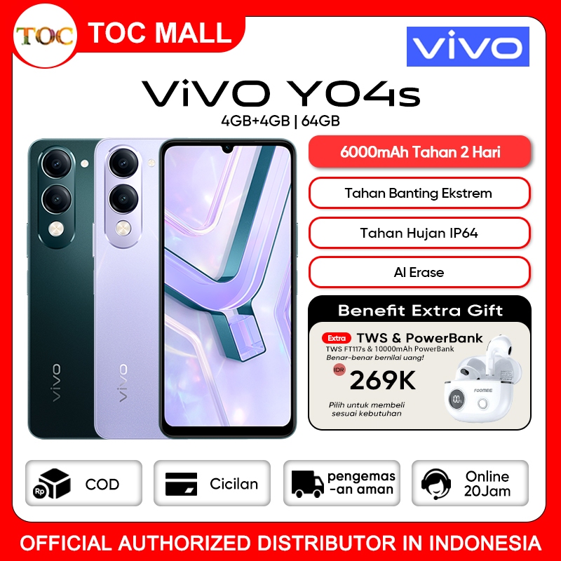 Jual Hp Vivo Y04s terbaru 2025, 6000mAh Battery, Tahan Banting Ekstrem