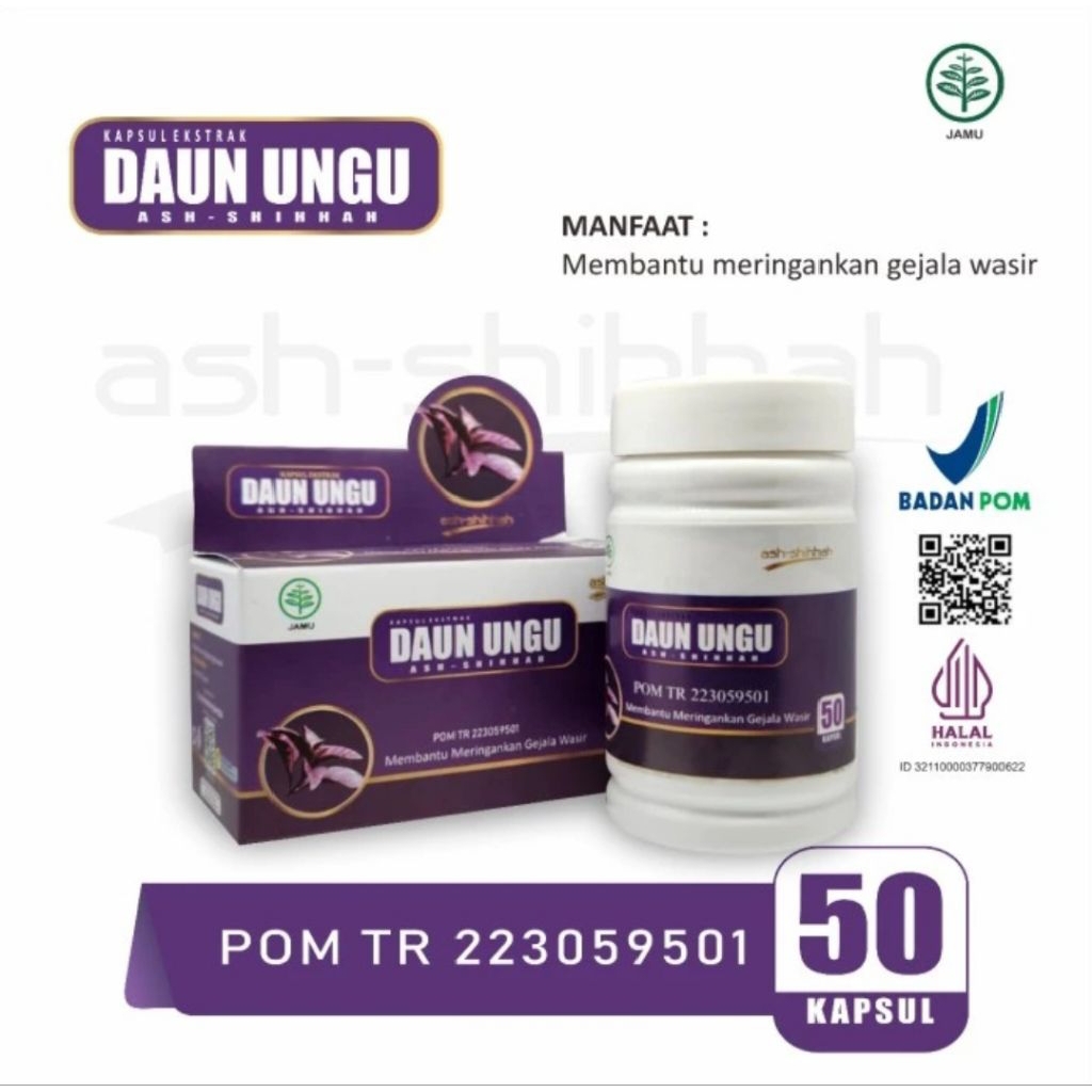 kapsul daun ungu Ash shihhah obat herbal alami berkhasiat wasir dan ambeyen original BPOM 50kps