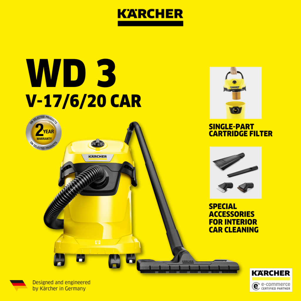 Aspirateur De Voiture Kärcher WD 3 - Puissant Et Portable - Nettoyage Auto Et Intérieur - Couleur Jaune/Noir