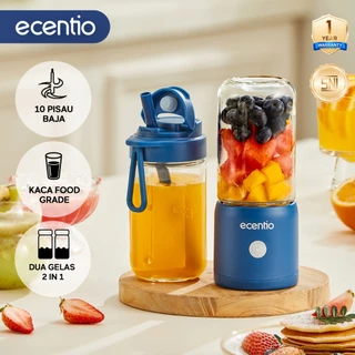 ecentio Juicer Portable Mini Blender MPASI Portable 2 Kaca Gelas Food Grade Tahan Pecah 380ml+380ml 10 Pisau Stainless SNI Garansi 1 Tahun For Smoothie Diet & Minuman Sehat