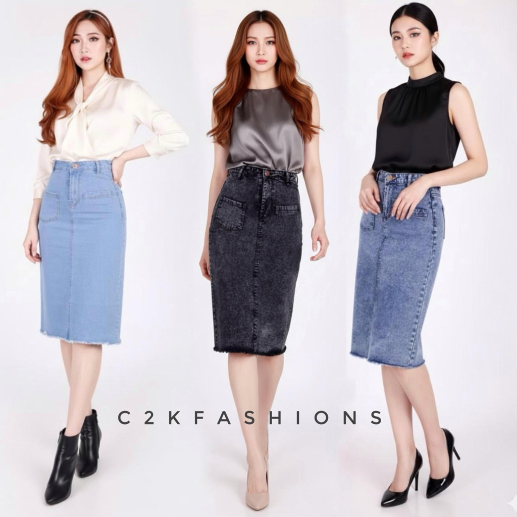Jual Rok Jeans Span Wanita Stretch Elastis Pensil Skirt Kantoran Semi ...