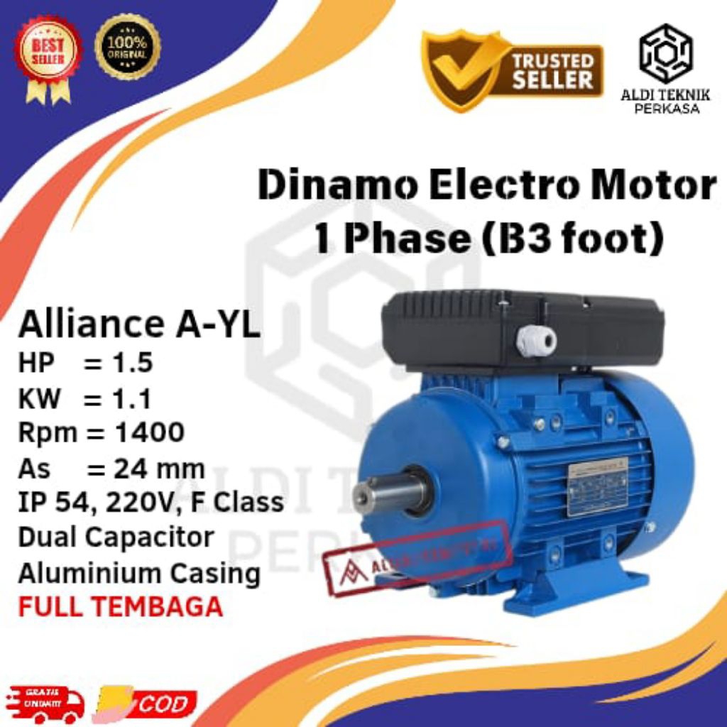 Jual Elmot Alliance 1.5 Hp 1.1 Kw 1 Phase 1400rpm B3 foot - Dinamo ...