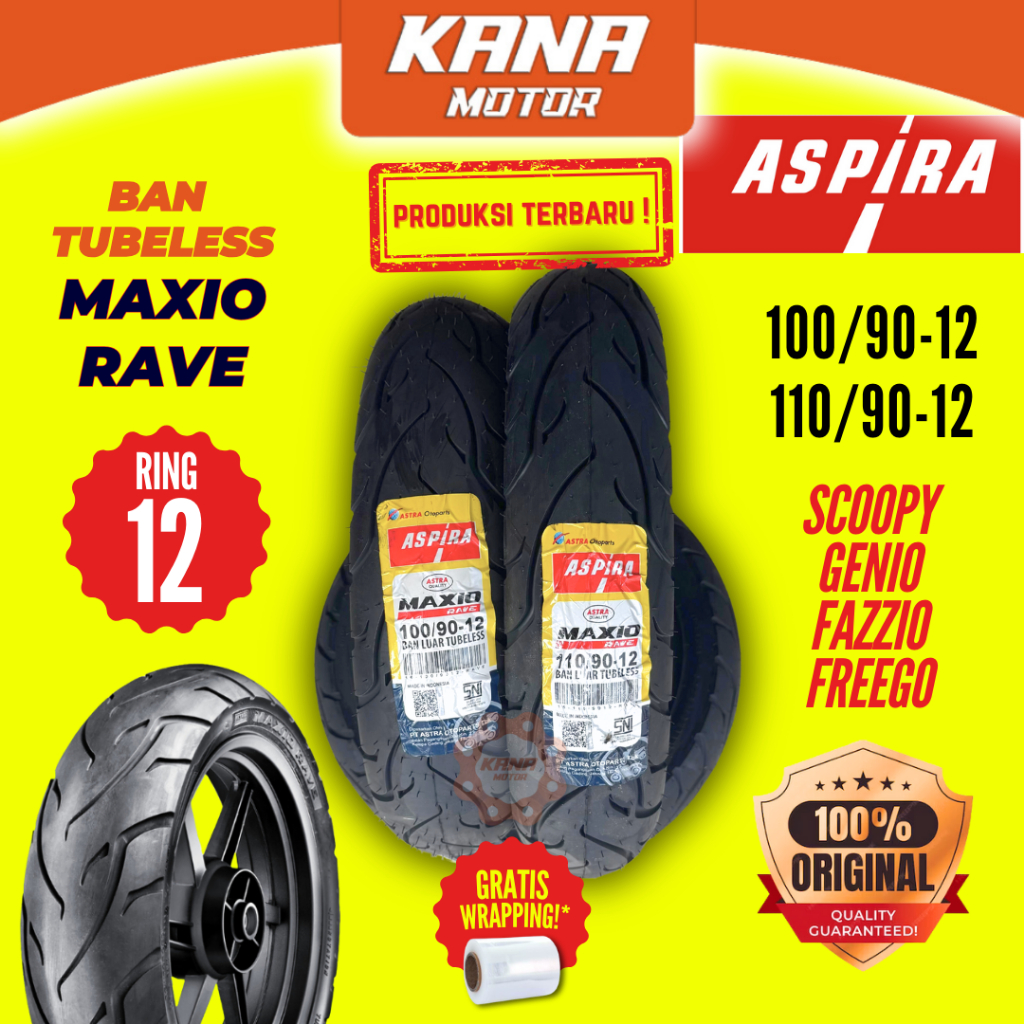 Jual BAN LUAR TUBELESS ASPIRA MAXIO RAVE 100/90 110/90 R12 RING 12RING ...