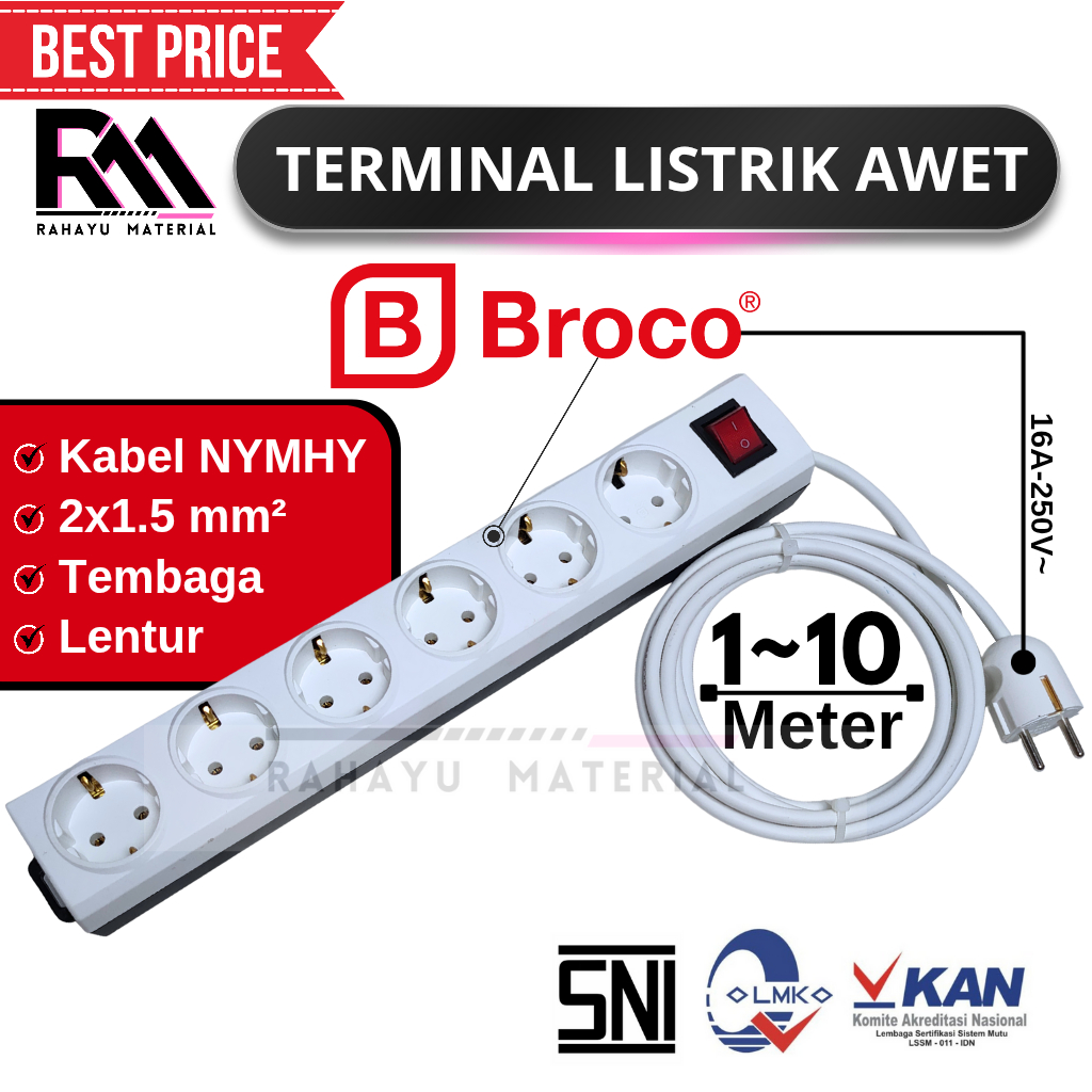 Jual Broco Stopkontak 6 Lubang Switch ON/OFF + Steker Kabel tembaga ...