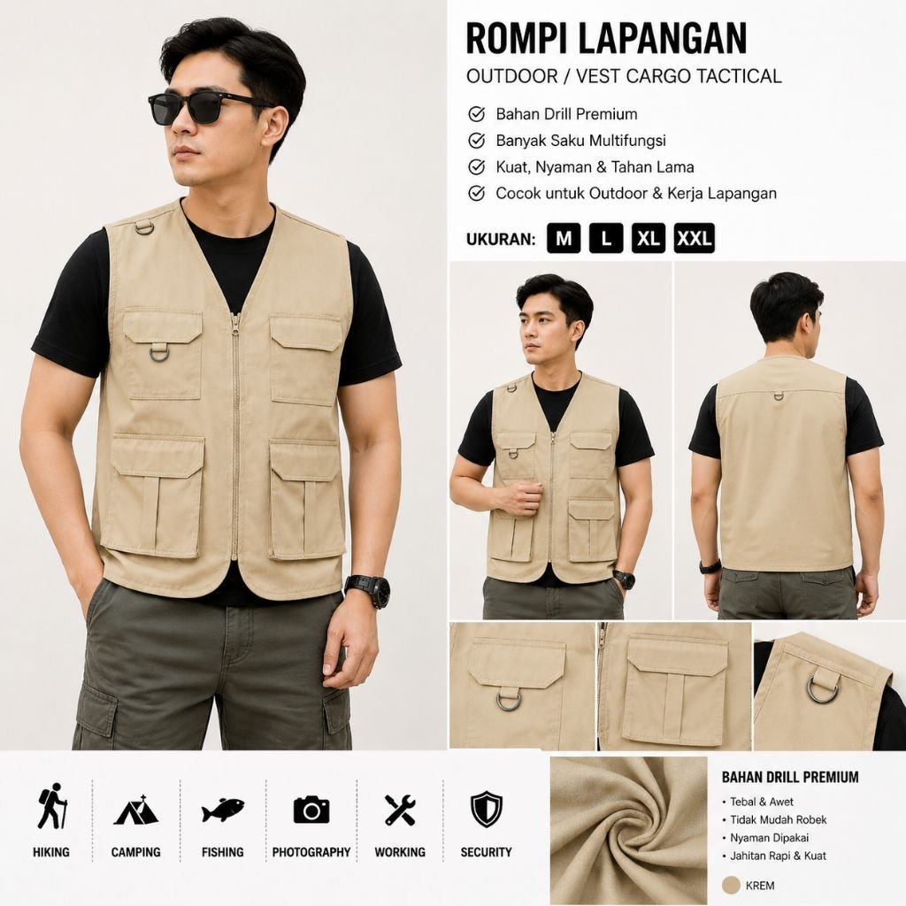 ROMPI Lapangan Outdoor Pria Bahan Drill / Vest Cargo Banyak Saku / Venture Vest Tactical Kerja Lapangan Premium