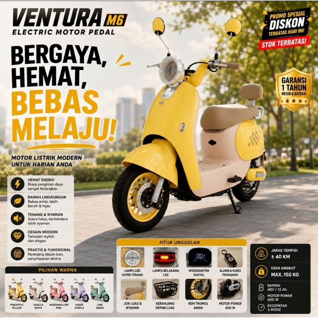 Motor Listrik Ventura M6 48V 12Ah 600W Skuter Listrik Modern 3 Mode Kecepatan Jarak 40KM