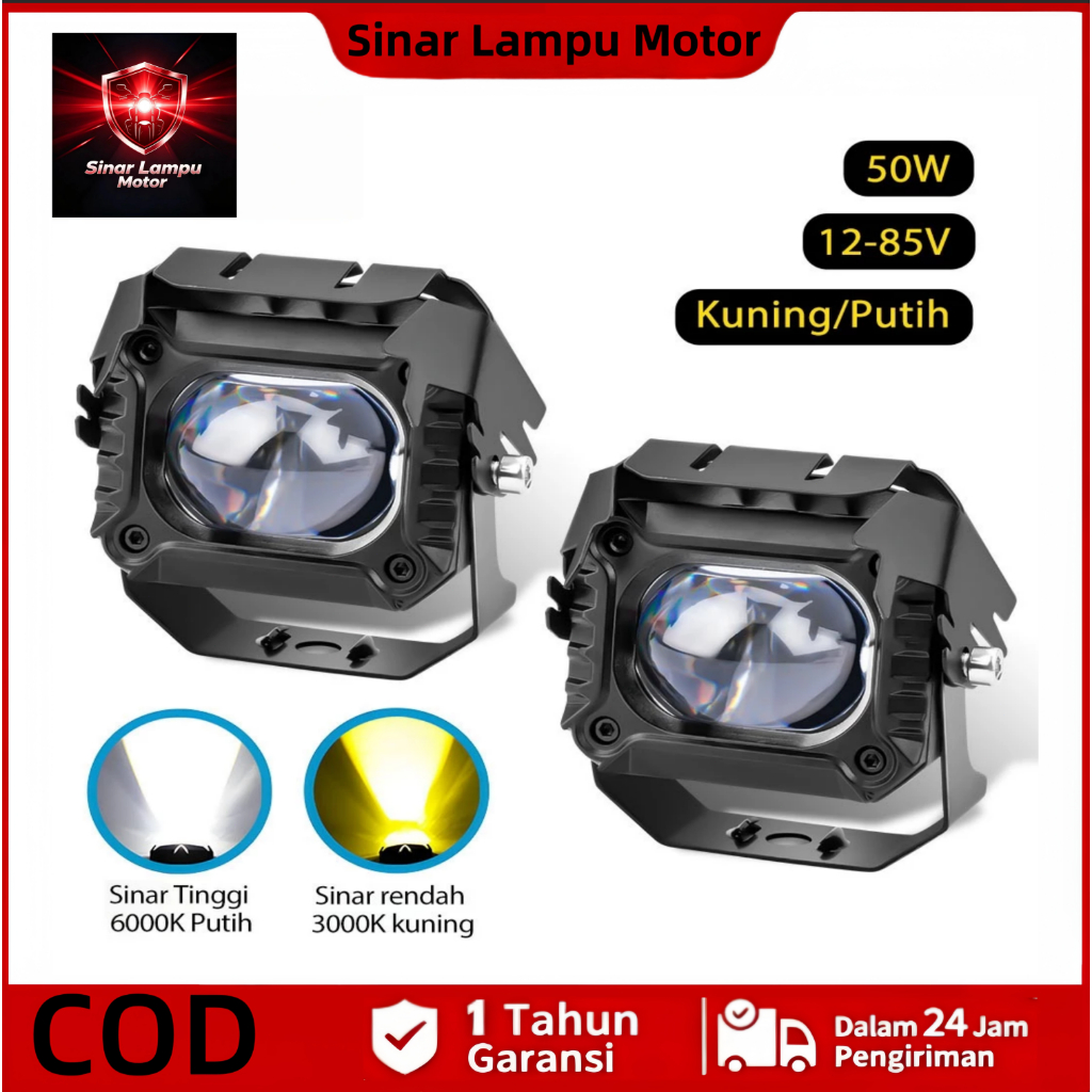 Lampu Depan Motor LED Laser Super Terang, Mode Sorot Jauh dan Dekat, Bahan Aluminium Penuh, Dua Warna Kuning-Putih, CSP Dua Warna, 50W, 10.000 LM, DC 12-85V