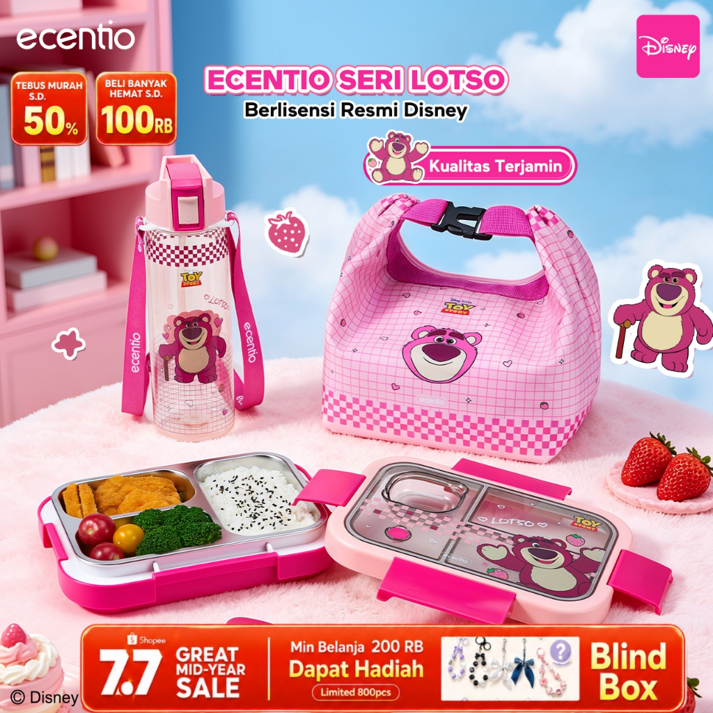 [Back To School] Ecentio Kotak Makan Anak Lotso Toy Story Set Bekal Sekolah, Stainless Lunch Box 750ml + Botol Minum 900ml, BPA Free Tempat Makan Anak Lengkap Tas Bekal