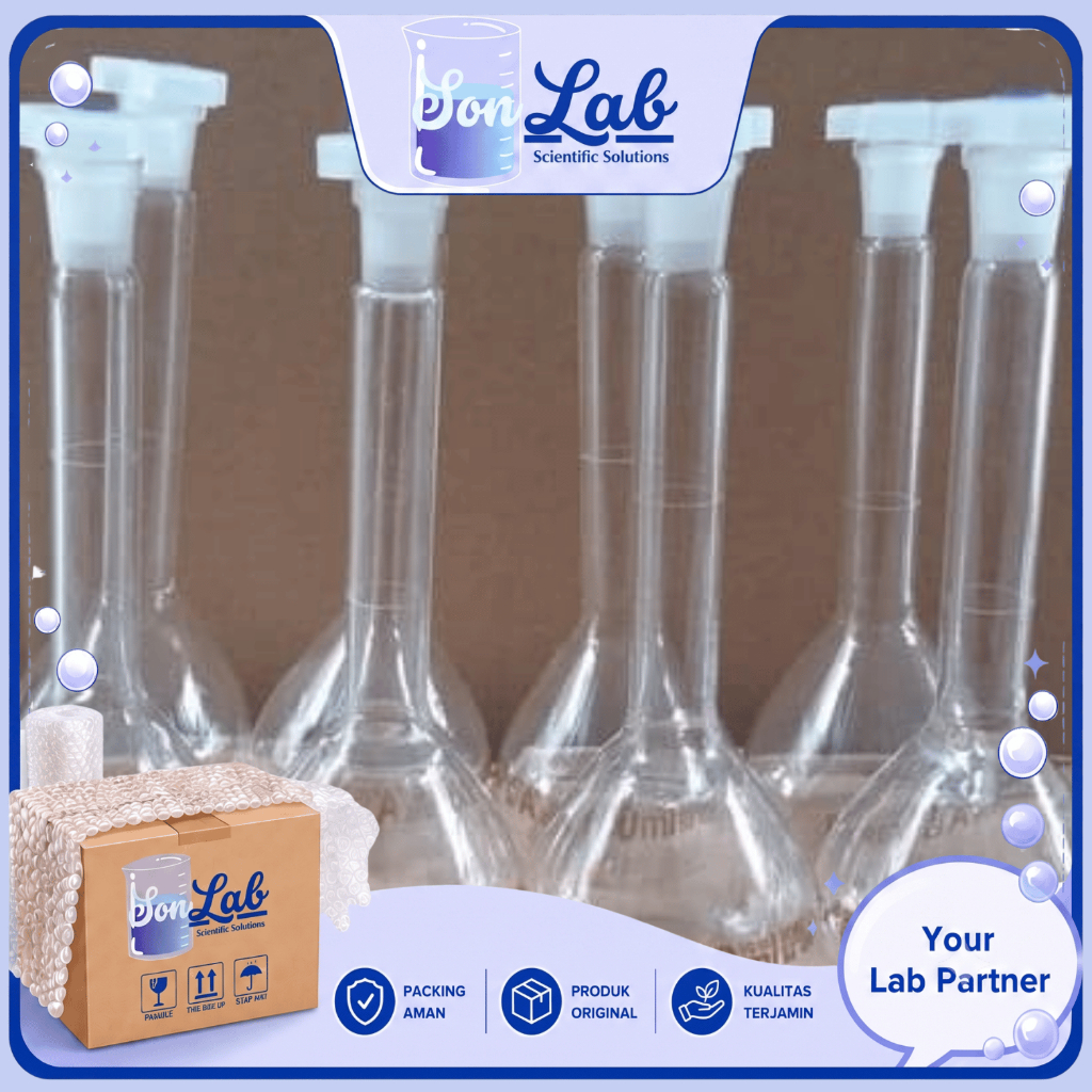 Jual Volumetric Flask / Labu Ukur Glass Pyrex Tutup Plastik 5, 10, 25 ...