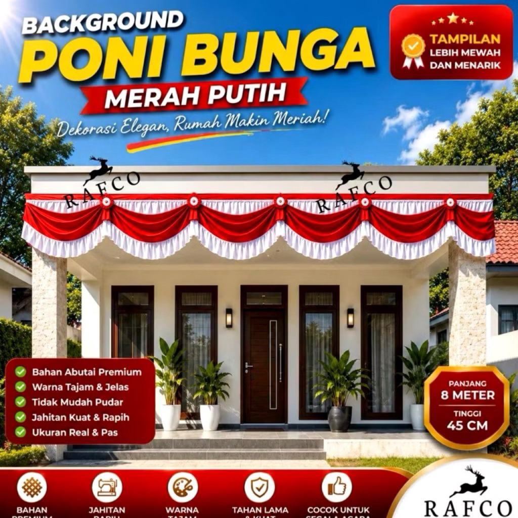 BENDERA BACKGROUND PONI MERAH PUTIH 8 METER 17 AGUSTUS