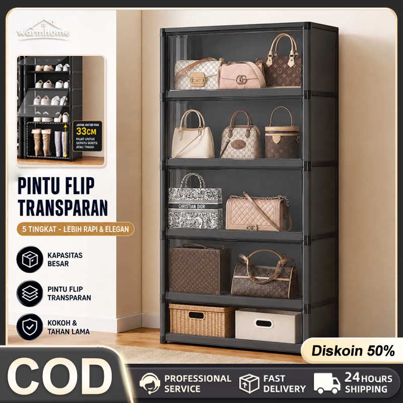 COD Lemari Penyimpanan Pintu Flip Transparan 5 Tingkat 64cm Rak Susun Serbaguna Anti Debu untuk Tas Kotak Baju