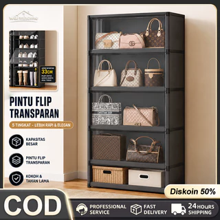 COD Lemari Penyimpanan Pintu Flip Transparan 5 Tingkat 64cm Rak Susun Serbaguna Anti Debu untuk Tas Kotak Baju