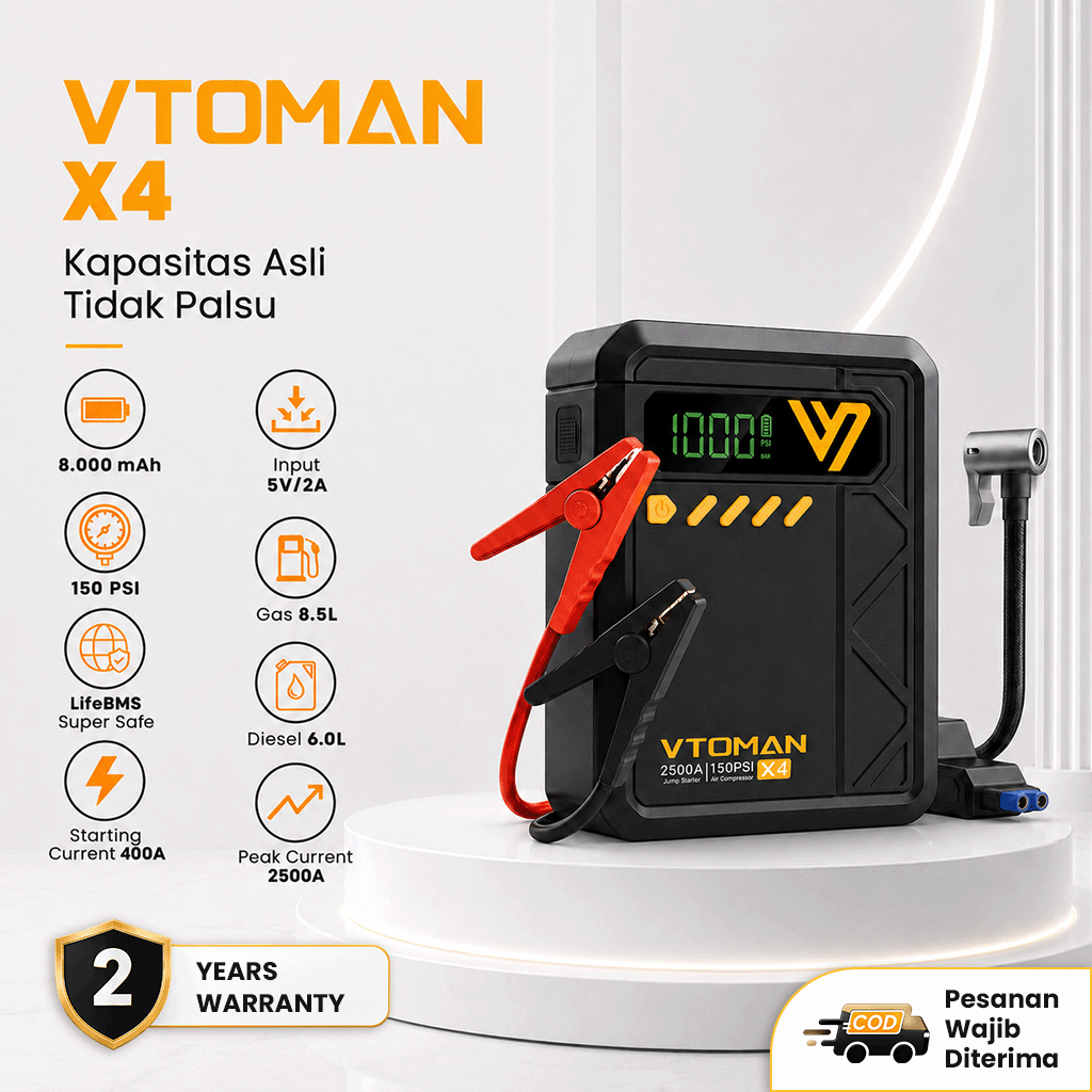 VTOMAN X4 Jumper Aki Mobil 8000mAh Pompa Ban Elektrik Portable Car Jump Starter bisa COD | Alat Jumper Aki untuk Keadaan Darurat