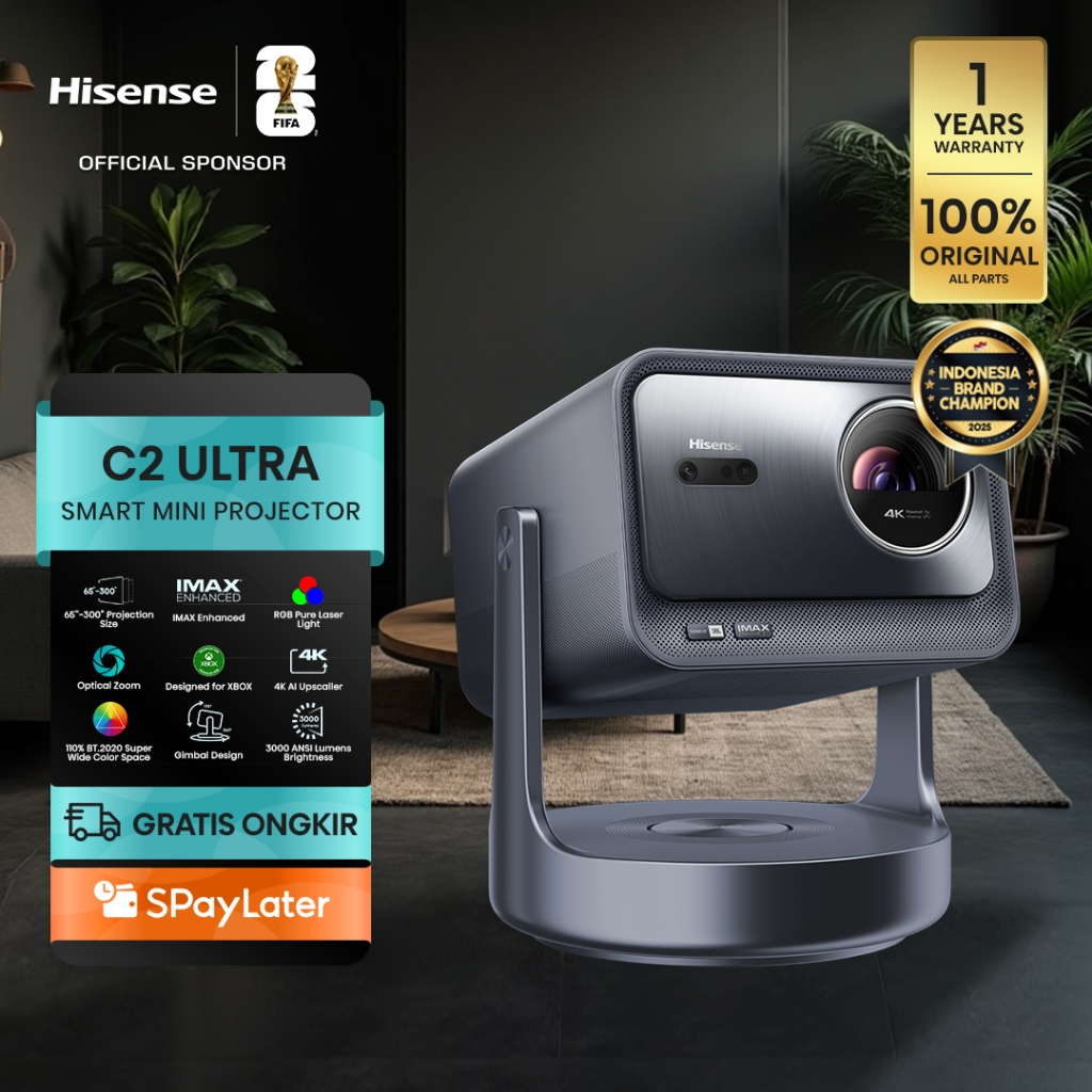 Hisense TV C2-ULTRA Trichromal Proyektor Max 300 inch IMAX Enhanced RGB Pure Laser Light Optical Zoom Designed for XBOX 4K AI Upscaller Super Wide Color Space Gimbal Design 3000 ANSI Lumen Brightness Projector Television
