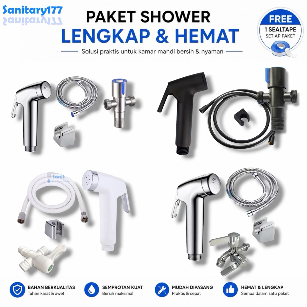 Termurah Paket bundling  shower Bidet CROM & Stop kran klosed stainless 52st-Jet shower 2in1 cebok toilet complete set putih washer spray semprotan kloset closet