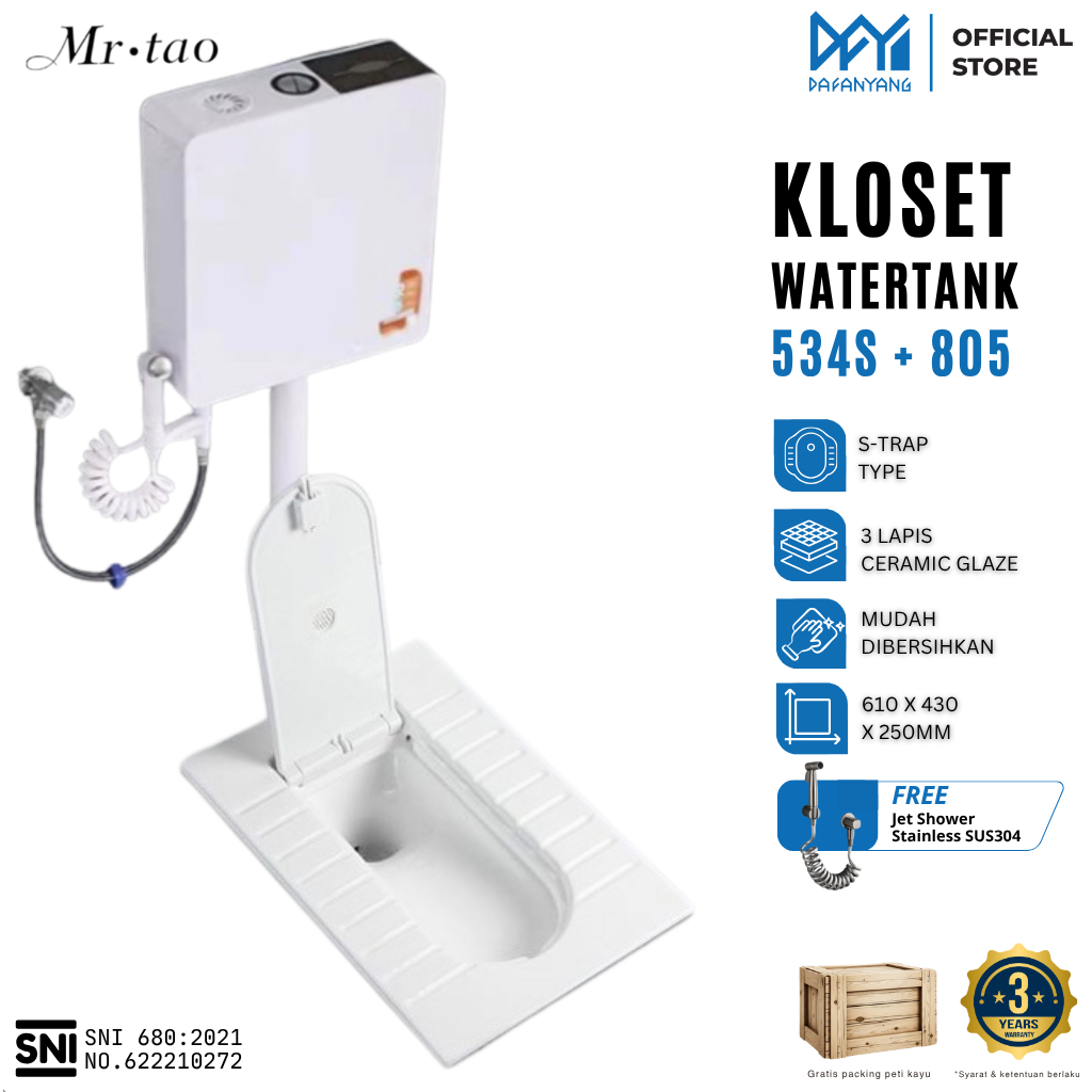 Mr. Tao Kloset Jongkok Penutup Watertank Pengharum Ruangan, Tempat Tisu dan Flush3/6L Air | Berbahan Keramik Glossy Putih Tanki Hemat Air | Free Peti Kayu dan Asuransi Pengiriman 100%