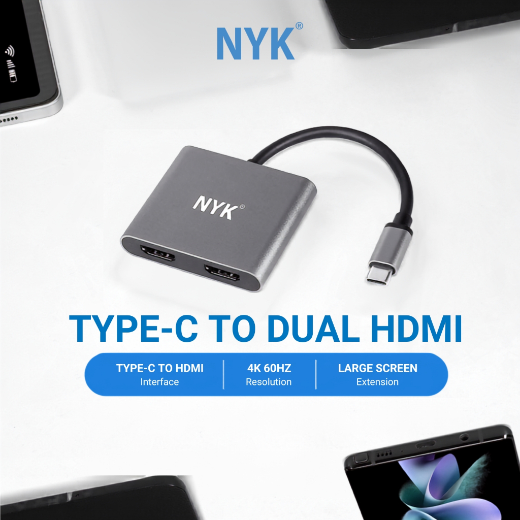 NYK Converter 2 HDMI in 1 USB 3.0 Type C to HDMI 4K 60hz 30hz HUB Dual Port HDMI F3 COD HUB bergaransi Docking Station Data transfer Mobile phone macb (2)